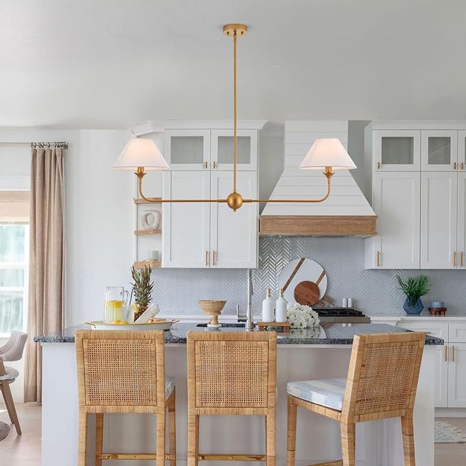 Modern Linear Chandeliers for Dining Room, Gold Island Light Fixtures with Off-White Fabric Shade, Rustic Linear Pendant Light for Kitchen