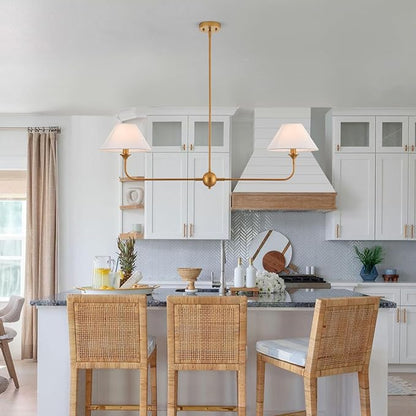 Modern Linear Chandeliers for Dining Room, Gold Island Light Fixtures with Off-White Fabric Shade, Rustic Linear Pendant Light for Kitchen