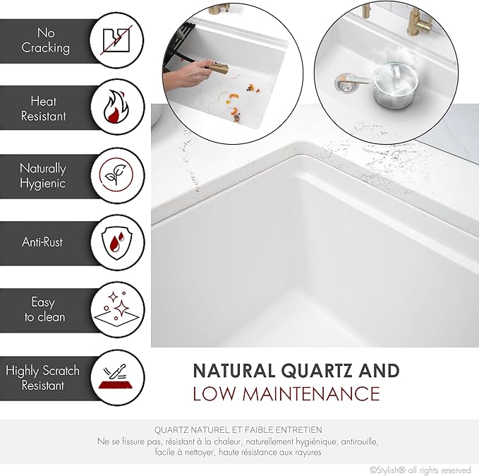 Stylish 32 x 18 Inch Composite Granite Workstation Kitchen Sink, Single Bowl Under Mount & Drop in, 9.5 in Deep, with Cutting Board, Roll-Up Drying Rack, Colander & Strainer, White, S-832WH