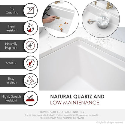 Stylish 32 x 18 Inch Composite Granite Workstation Kitchen Sink, Single Bowl Under Mount & Drop in, 9.5 in Deep, with Cutting Board, Roll-Up Drying Rack, Colander & Strainer, White, S-832WH