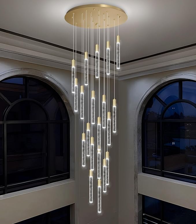 HAIXIANG 13FT High Ceiling Chandelier for Entryway Modern Crystal LED Light Glam Chandeliers for Living Room Foyer Sloping Ceiling Pendant Lighting Fixture 24-Lights Gold