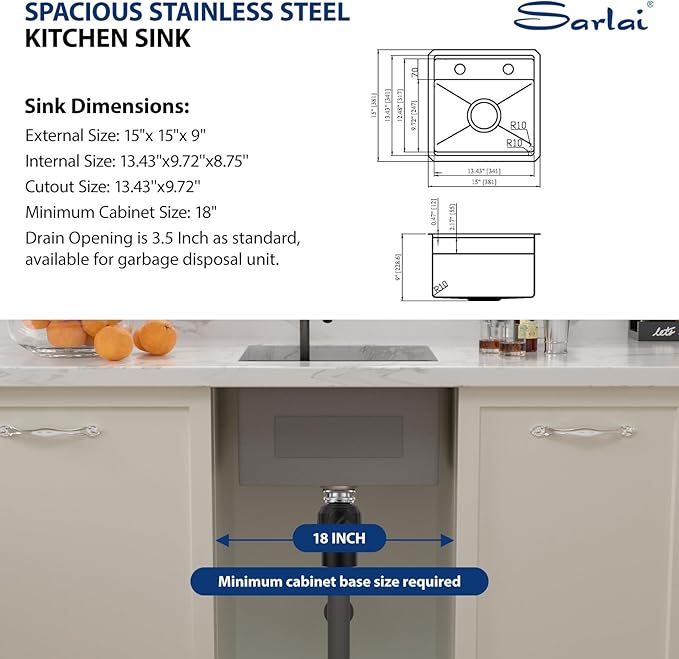 Sarlai Black Undermount Bar Sink With Foldable Faucet - 15x15 Inch Outdoor Black Kitchen Sink RV Workstation 16 Gauge Stainless Steel Single Bowl Handmade Outdoor BBQ Sinks with Lid