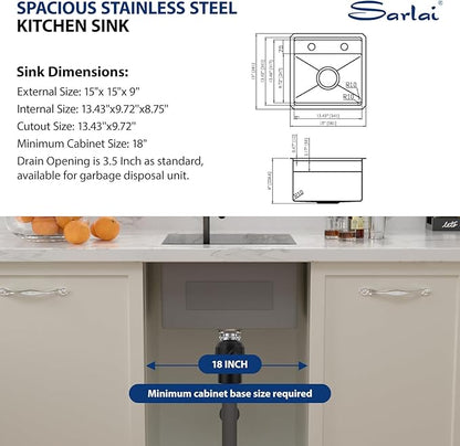 Sarlai Black Undermount Bar Sink With Foldable Faucet - 15x15 Inch Outdoor Black Kitchen Sink RV Workstation 16 Gauge Stainless Steel Single Bowl Handmade Outdoor BBQ Sinks with Lid
