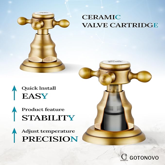 gotonovo Bathroom Faucet 3 Hole 8 Inch Widespread Bathroom Sink Faucet 2 Cross Handles Vintage Lavatory Vanity Mixer Tap with Pop Up Drain, Round Font Label, Antique Brass