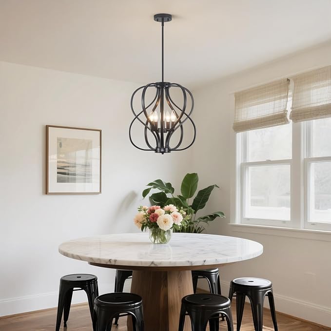 18.5 inch Modern Farmhouse Chandelier for Dining Room, 5-Light Black Chandelier with Metal Cage Adjustable Industrial Drum Hanging Pendant Lights for Kitchen Island Entryway Hallway Bedroom Foyer