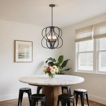 18.5 inch Modern Farmhouse Chandelier for Dining Room, 5-Light Black Chandelier with Metal Cage Adjustable Industrial Drum Hanging Pendant Lights for Kitchen Island Entryway Hallway Bedroom Foyer