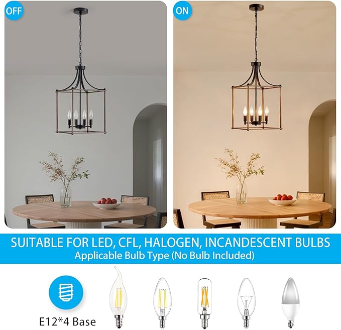 XINGQI Modern Farmhouse Chandeliers for Dining Room,4 Light Geometric Lantern Black Wood Grain Finish Cage Pendant Lighting Fixture 11.8" for Staircase Foyer Kitchen Entryway