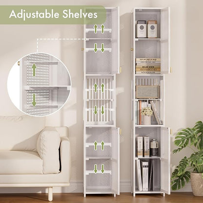 Amazer 70'' Tall Bathroom Storage Cabinet Bamboo, Slim Storage Cabinet with Rattan Door and Adjustable Shelves, Narrow Freestanding Organizer for Living Room Kitchen, White