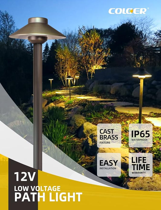 COLOER Brass Low Voltage Pathway Lights Wired 4-Pack with 3W LED G4 Bulb,12V Waterproof China Hat Outdoor Path Lighting for Yard, Patio, Landscape, Planter, Walkway(602B)