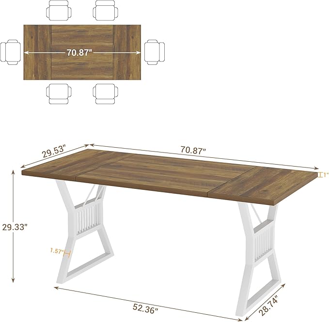 70.8 Inch Dining Table for 4-6 People, Farmhouse Wood Table with Metal Leg, Rectangle Kitchen Tables for Dining Room, Living Room, Conference Room, Breakroom, Walnut Color and White