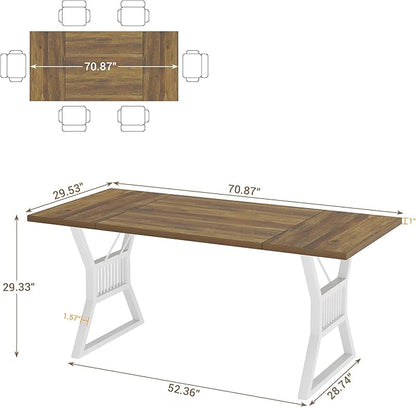 70.8 Inch Dining Table for 4-6 People, Farmhouse Wood Table with Metal Leg, Rectangle Kitchen Tables for Dining Room, Living Room, Conference Room, Breakroom, Walnut Color and White