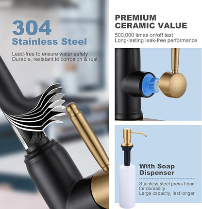 Black Gold Kitchen Faucet with Soap Dispenser, WOWOW Stainless Steel Kitchen Faucet for Sink 2 or 4 Hole, High Arc Vintage Kitchen Sink Faucet with Pull Down Sprayer