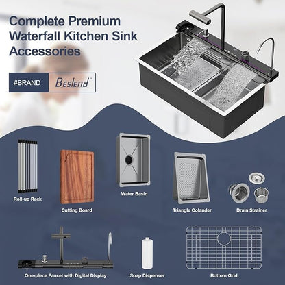 30 Inch Smart Waterfall Kitchen Sink - Beslend 30x19 Stainless Steel Drop In Waterfall Sink Topmount Workstation 16 Gauge Modern Sinks Single Bowl with Faucet, Cup Washer and Digital Display