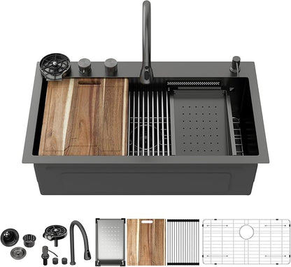 Kichae 33 Black Kitchen Sink Drop In Waterfall - 33x19 Drop Sink Stainless Steel 16G Single Bowl Waterfall Kitchen Sinks Workstation Handmade with Faucet & Glass Rinser