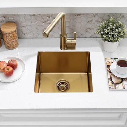 15 Inch Gold Undermount Bar Sink, 15x15 Bar Sink Undermount Gold Small Wet Bar 18 Gauge Single Bowl Stainless Steel Kitchen Sinks with Basket Strainer