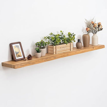 Acovy Extra Deep 55" Long Live Edge Rustic Floating Shelves for Wall, Solid Wood Wall Shelves with Invisible Bracket Mount for Living Room Bathroom Bedroom Kitchen, Set of 1, Natural
