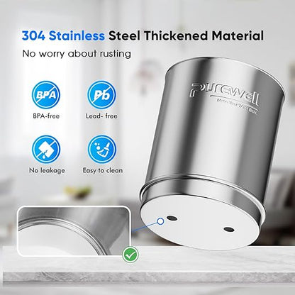 Purewell 8-Stage Gravity Fed Water Filter System, 2.25 Gallon Stainless Steel Countertop System with 4 Filters, Metal Water Level Spigot and Stand, Reduce Fluoride and Chlorine, PW-OBT-CF