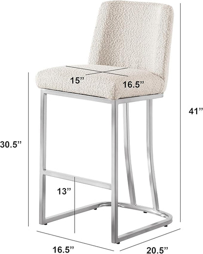 Modern Chairs Set of 2, Chrome Side Chairs & Counter Stools with Ring Pull Back, Luxury Upholstered Chairs for Kitchen Island, Dining Room & Home Bar (Boucle, Cream/Silver, Bar Stool)