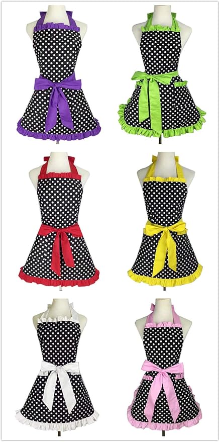 Hyzrz Cute Apron Retro Black Polka Dot Retro Ruffle Side Vintage Cooking Aprons with Pockets for Women Girls (Side Blue)