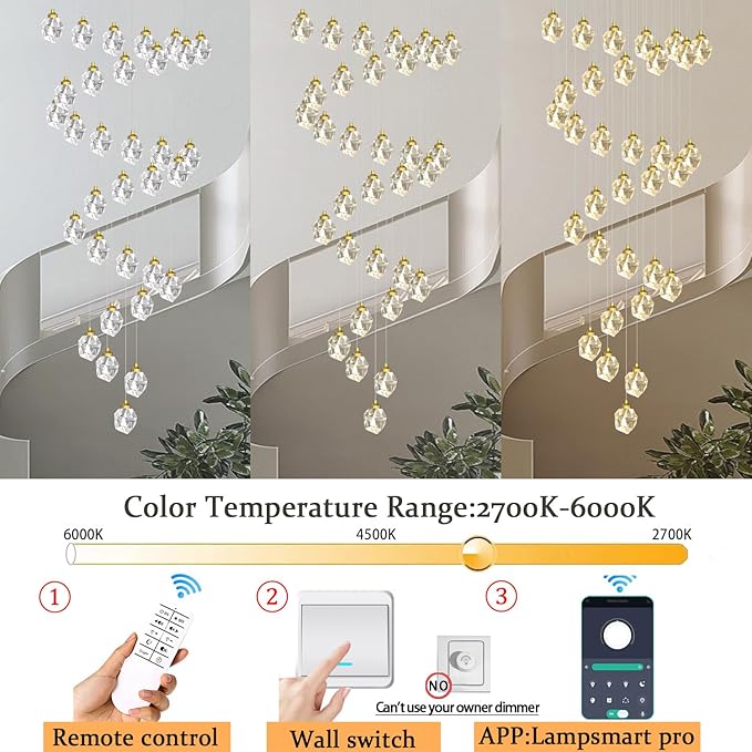 Gold Spiral Staircase Crystal Chandeliers 32-Lights 150 inch Long High Ceiling Chandelier Entrance Foyer Flush Mount Slopped Inclined Ceiling LED Dimmable 3000-6000K