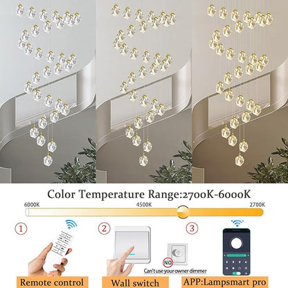 Gold Spiral Staircase Crystal Chandeliers 32-Lights 150 inch Long High Ceiling Chandelier Entrance Foyer Flush Mount Slopped Inclined Ceiling LED Dimmable 3000-6000K