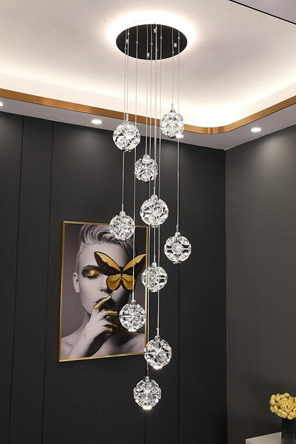 10-Light High Ceilings Long Chandeliers Modern Crystal Staircase Chandelier Hanging Flush Mount Lighting Fixtures for Spiral Staircase,Foyer,Entryway