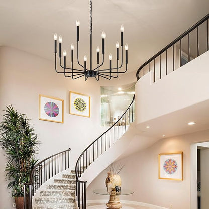 Modern Farmhouse Chandelier 12 Lights Large Black Chandeliers for Dining Room Light Fixture Rustic Pendant Lighting Fixtures Ceiling Candle Chandeliers for Living Room Kitchen Foyer Bedroom Hallway