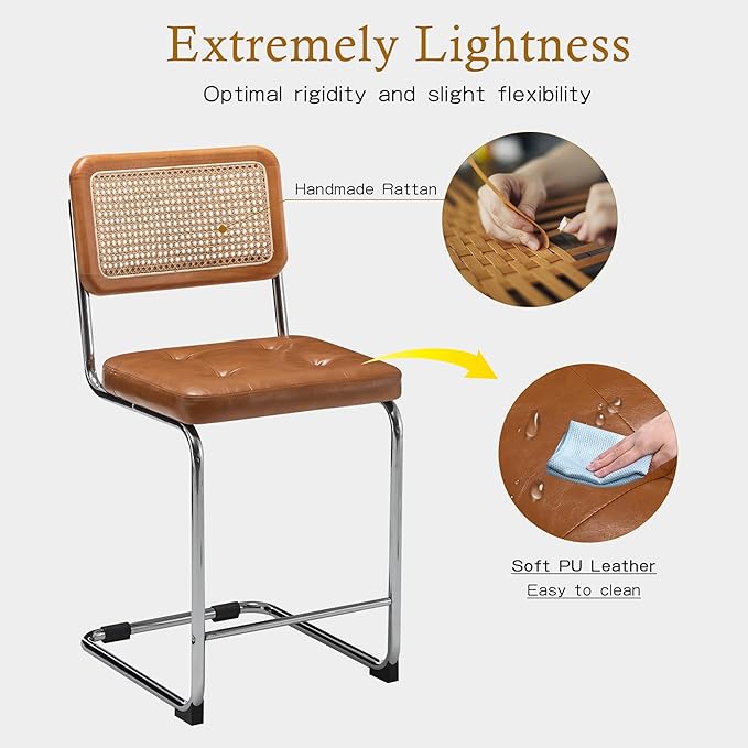 Alunaune 24inch Mid Century Brown Bar Stools Set of 2, Natural Rattan Counter Height Bar Stools Kitchen Chairs Modern Side Dining Chairs-PU Seat