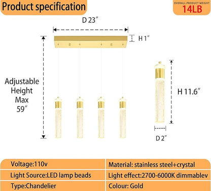 4-Light Gold Pendant Lights Kitchen Island Modern LED Dimmable Gold Crystal Column Ceiling Light for Dinning Room Living Room 32W