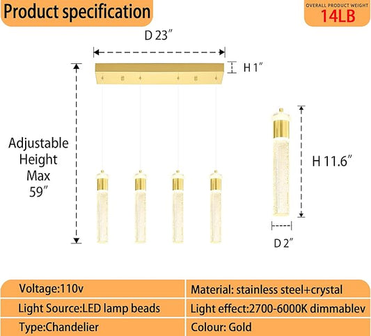 4-Light Gold Pendant Lights Kitchen Island Modern LED Dimmable Gold Crystal Column Ceiling Light for Dinning Room Living Room 32W