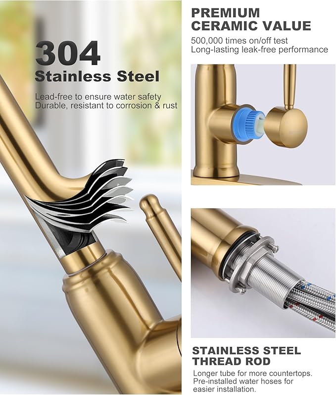 WOWOW Gold Kitchen Faucet with Sprayer - 304 Stainless Steel Kitchen Sink Faucet High Arc Pull Down Design for 1 or 3 Hole, Vintage Style