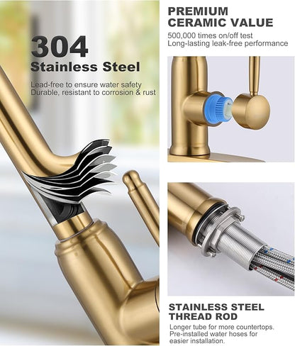 WOWOW Gold Kitchen Faucet with Sprayer - 304 Stainless Steel Kitchen Sink Faucet High Arc Pull Down Design for 1 or 3 Hole, Vintage Style