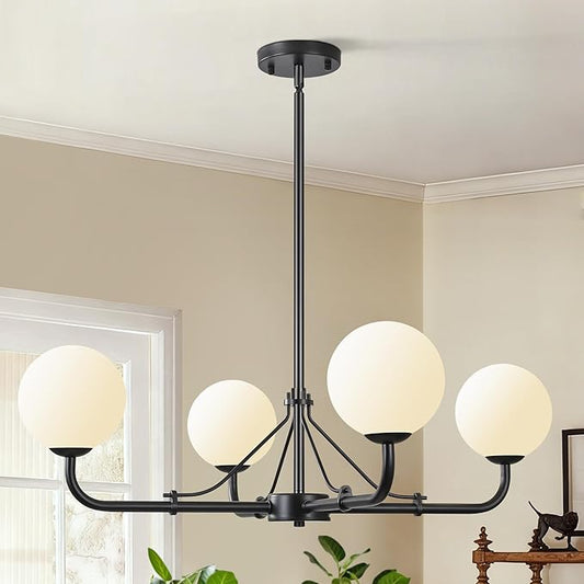 Klgxnrd 4 Lights Black Chandelier, Mid Century Modern Chandeliers for Dining Room, Hanging Sputnik Light Fixture for Living Room Kitchen Island Foyer Bedroom, Milk White Globe Glass Shade