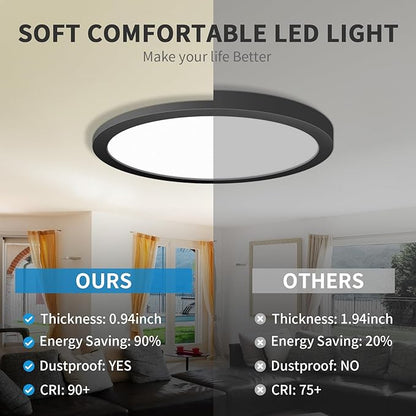 mw LED Flush Mount Ceiling Light, 24 Inch Round Black Ceiling Lights, 48W 120V 5CCT, 24in Dimmable LED Light Fixture for Bedroom, Kitchen, Hall