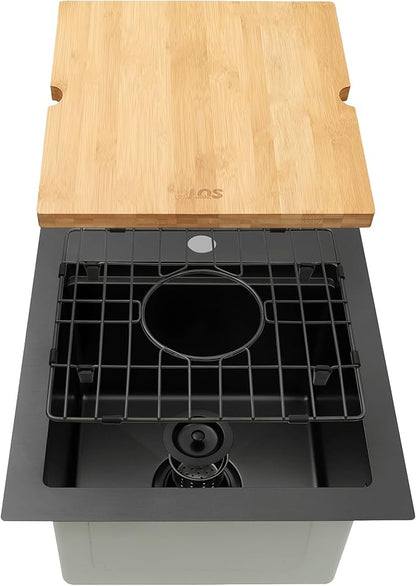 LQS Matte Black Stainless Steel Sink Drop In, 16” x 18” Black Small Laundry Sink, Prep Sink with Cutting Board Drop In, Black Kitchen Sinks with Workstation Ledge For RV, Outdoor and Prep Use