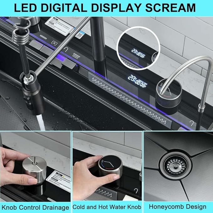 30 Inch Black Waterfall Kitchen Sink with Pull-Out Faucet Combo- Wesliv 30x18 Waterfall Sink Black Digital Display Smart Honeycomb Kitchen Sinks Deep Single Bowl with Accessories