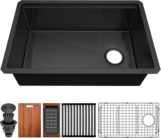 Black Undermount Kitchen Sink 28 inch,16 Gauge Stainless Steel Sinks,Single Bowl Workstation Sink,Modern Kitchen Sink Offset Drain (28" X 18")