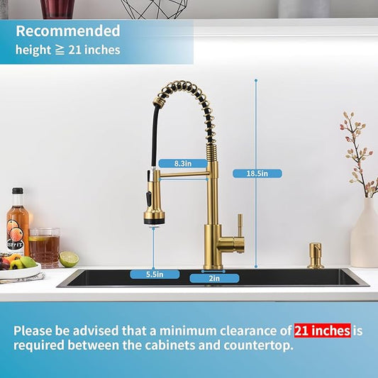 GIMILI Gold Kitchen Faucet with Soap Dispenser Single Hole Pull Down Sprayer LED Faucet, Suitable for Farmhouses, RV, Laundry Room, Outdoor, and Campers. Llave para fregadero de cocina