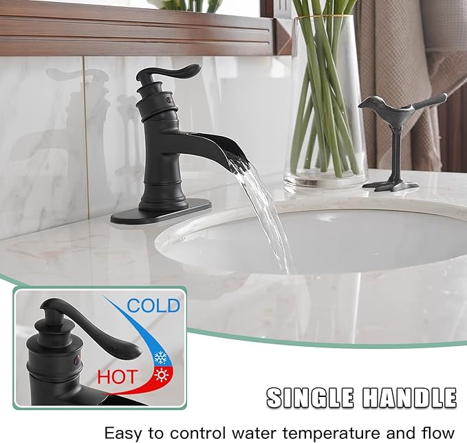 BWE Matte Black Waterfall Bathroom Faucet, Single Handle One Hole Sink Faucet for Farmhouse Bathroom Vanity Basin, Antique Finish Solid Brass Construction