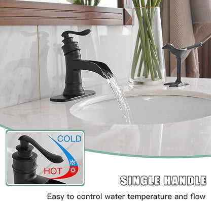 BWE Matte Black Waterfall Bathroom Faucet, Single Handle One Hole Sink Faucet for Farmhouse Bathroom Vanity Basin, Antique Finish Solid Brass Construction