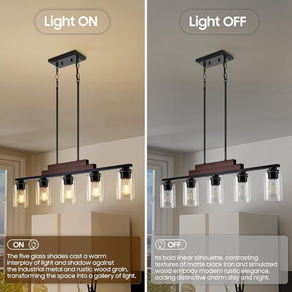 Dining Room Light Fixture Over Table, 5-Light Farmhouse Chandeliers for Dining Room Hanging, Linear Pendant Lights Kitchen Island Lighting, Wood Ceiling Light Fixture with Clear Glass Shade, Black