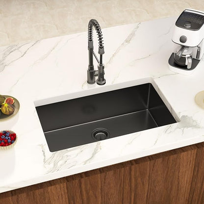 30 Inch Black Undermount Kitchen Sink Single Bowl 18 Guage Stainless Steel 30"x18"x9" Deep Under Counter Kitchen Sinks Basin R10 Round Corners Handmade Sink
