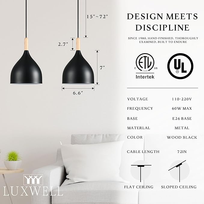 Modern Pendant Light, 6.6"x6.6"x7" Iron Hanging Fixture with Warm Oak Woodgrain, 15"-72" Adjustable Cord, E26 Socket, 4.7" Ceiling Canopy for Kitchen, Entryway – Carbon Black