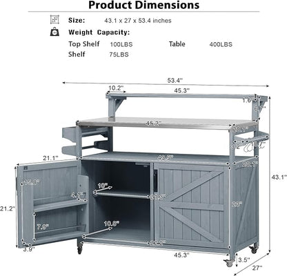 YOPTO 53.3" Outdoor Kitchen Island with Raised Shelf,Solid Wood Grill Cart,Stainless Steel Top,Adjustable Shelf,Spice Rack,Lockable Wheels,Grey Blue