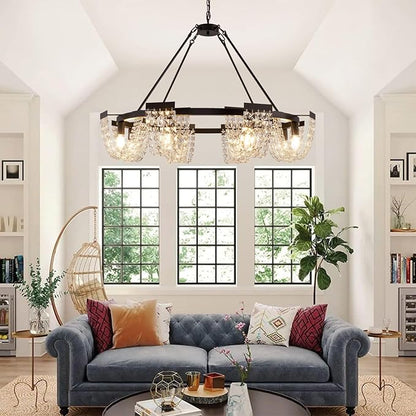 36" Black Chandelier, 6-Light Crystal Chandeliers for Dining Room, Dining Room Light Fixtures Over Table, Farmhouse Kitchen Island Lighting, Modern Pendant Lights for Living Room, Bedroom, Entryway