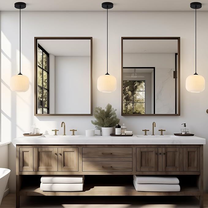 Milk Glass Round Pendant Light Striped Glass Pendant Lights Modern Globe Pendant Lights Kitchen Island Black Mid Century Hanging Ceiling Light White Pendant Light Fixture (2 Pack)