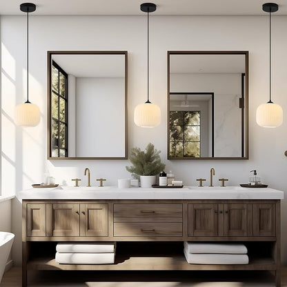 Milk Glass Round Pendant Light Striped Glass Pendant Lights Modern Globe Pendant Lights Kitchen Island Black Mid Century Hanging Ceiling Light White Pendant Light Fixture (2 Pack)