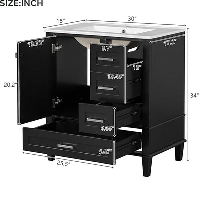 GDFStudio 30" Bathroom Vanity Sink Combo with 3 Drawers & 1 Soft Closing Door Floor Mount Freestanding Wood Bathroom Storage Cabinet Set with Ceramic Basin Sink Top for Small Bathroom Space, Black