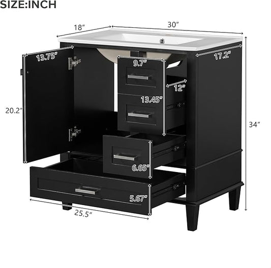 GDFStudio 30" Bathroom Vanity Sink Combo with 3 Drawers & 1 Soft Closing Door Floor Mount Freestanding Wood Bathroom Storage Cabinet Set with Ceramic Basin Sink Top for Small Bathroom Space, Black