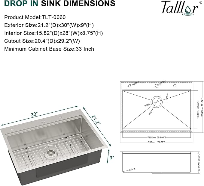 30 Inch Drop In Stainless Steel Kitchen Sink, 16 Gauge Single Bowl Workstation 3-Hole Sink with Cup Washer, Mixing Bowl, and Pasta Strainer #TLT-0060